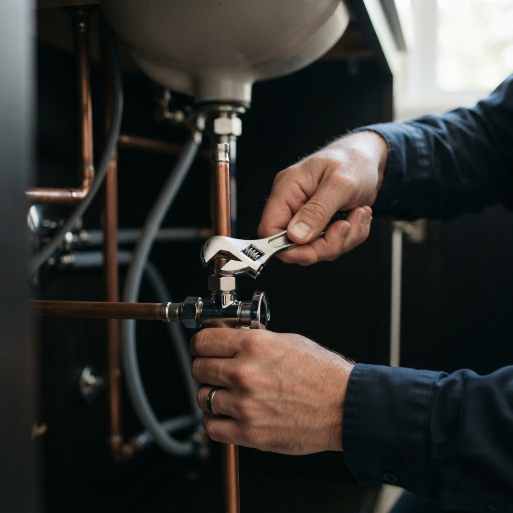Close-up of careful plumbing craftsmanship on a chrome fixture